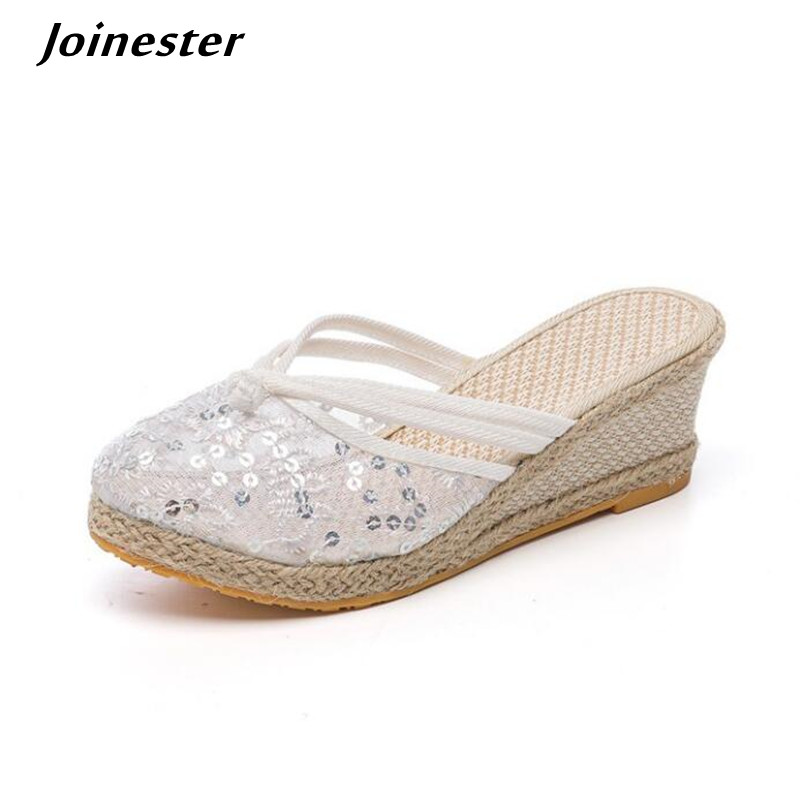 Wedge Espadrille Women - 女性用エアメッシュウェッジスリッパ,ファッショナブルなスパンコールスリッパ,女性用クローズドトゥのアウトドアシューズ,ハイヒールの滑り止めミュール