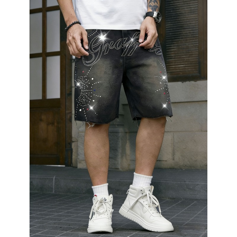 Shorts Denim Frayed - アメリカンストリートウェア メンズ ノンストレッチデニムショーツ ラインストーンレター ウォッシュ加工 フレイヘム