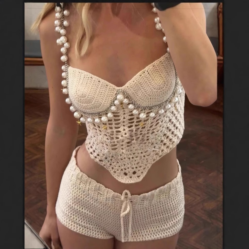 Crop Top Crochet - セクシーなビーズ付きクロシェクロップベストショーツセット レディース スリム ホローアウト ストラッ プレス