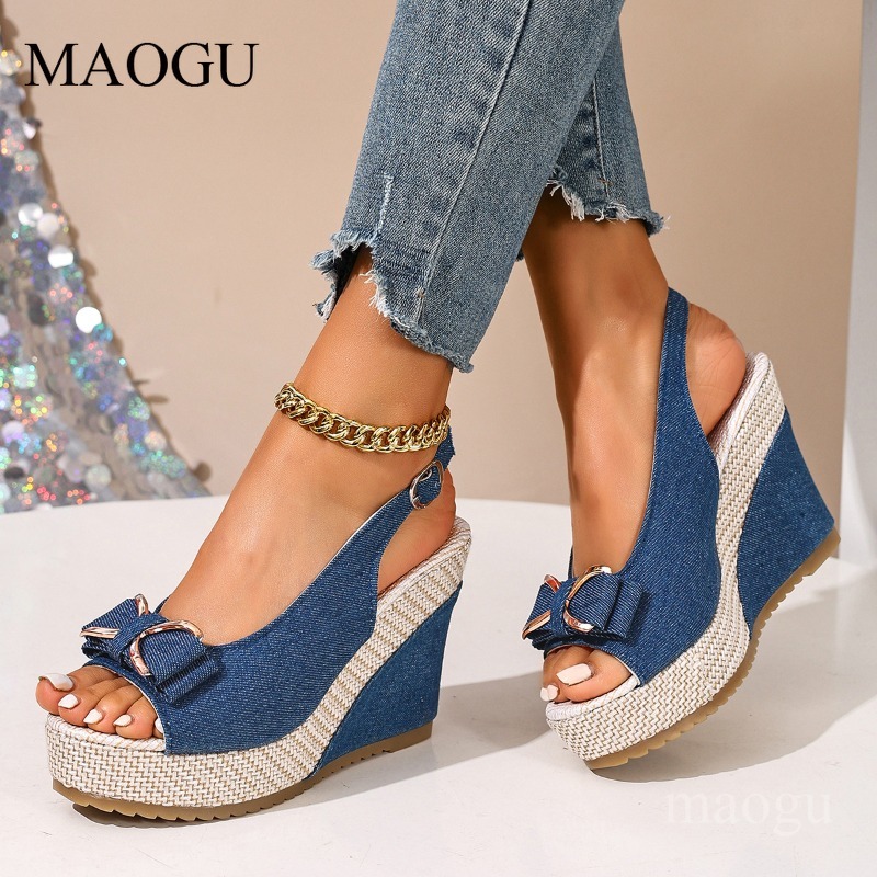 Wedge Espadrille Women - ピープトウボウノットスリングバックサンダル エスパドリーユプラットフォームウェッジ 通気性デニムサンダル アンクルストラップカジュアルサマーシューズ レディース