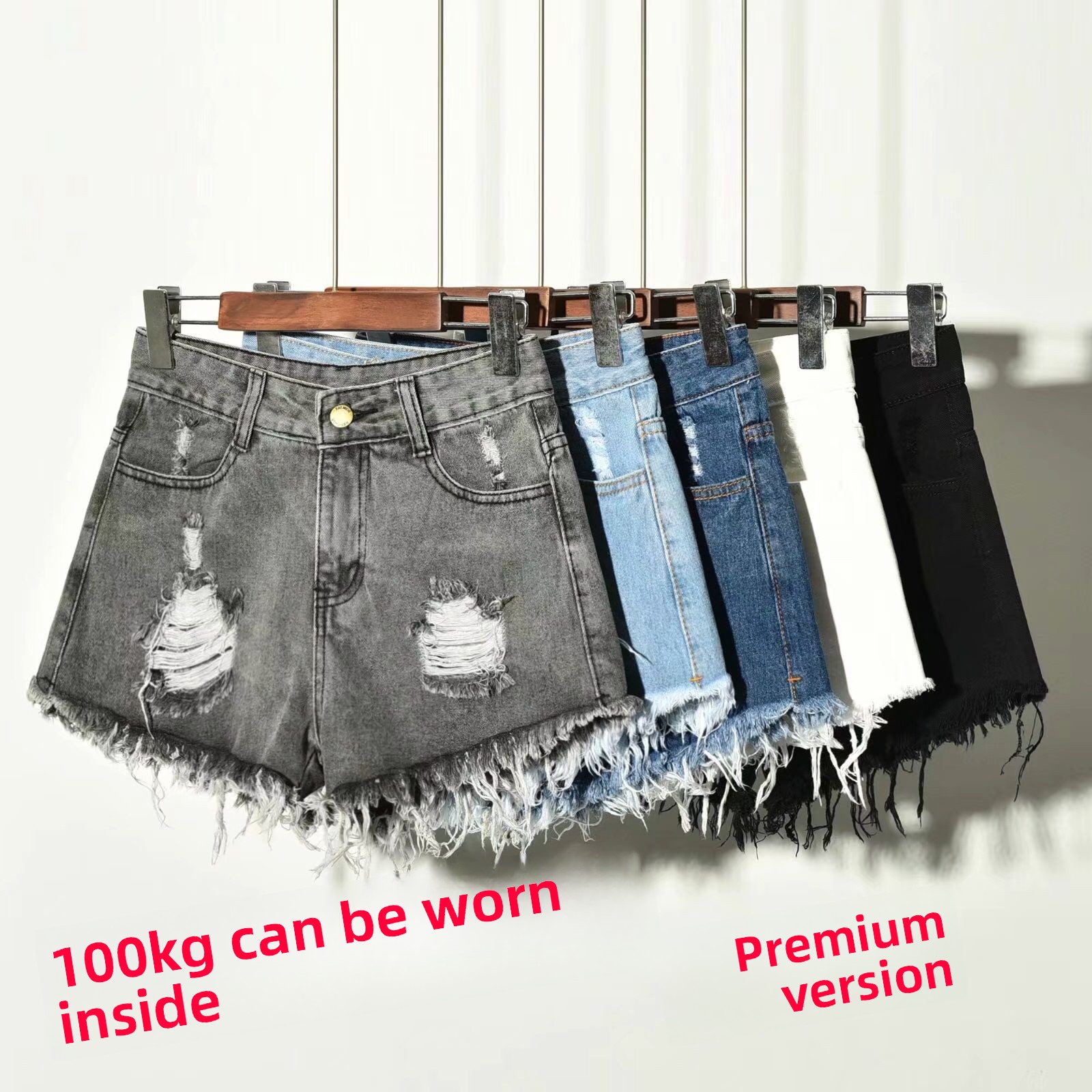 Shorts Denim Frayed - ハイウエストデニムショートパンツ女性夏大きいサイズファッションほつれ穴ルーズ A ライン痩身ホットパンツアウター