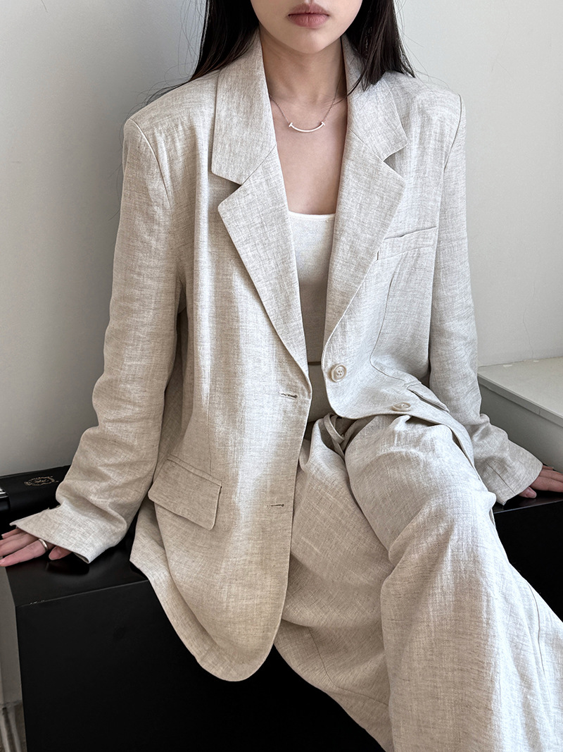 Linen Pant Wide - 秋のハイエンドリネン素材ブレザージャケットセット レディース 2025 夏新作 ルーズワイドレッグカジュアルパンツ レディース服