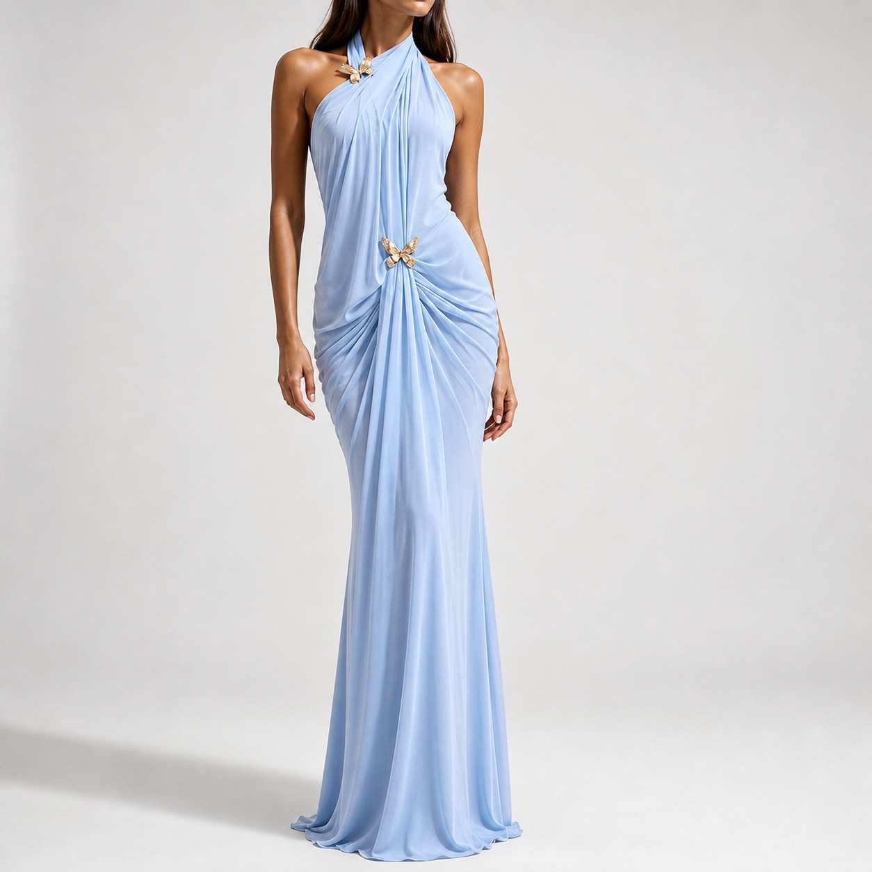 Maxi Dress Halter - 女性用エレガントオフショルダーホルターネックロングノースリーブハイウエストルシュドマキシドレス、結婚式ゲスト、夏のパーティー、プロム用