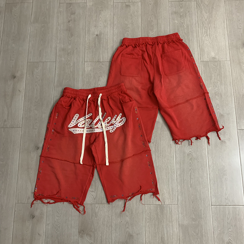 Shorts Denim Frayed - VALLEY メンズ ブラック ニーカジュアルショーツ ラインストーン刺繍 サイドクリスタル