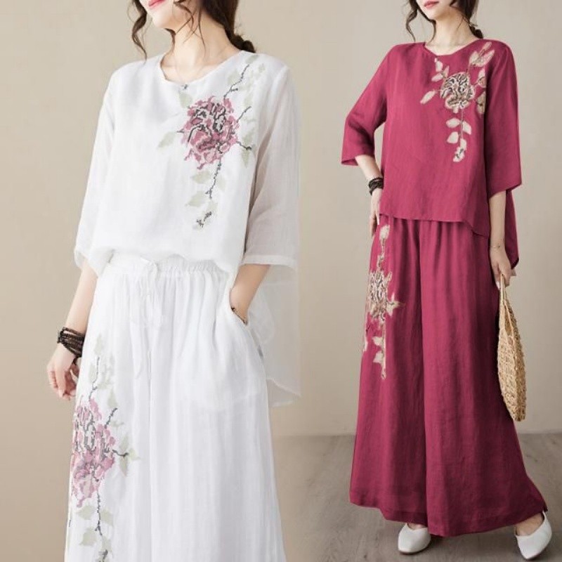 Linen Pant Wide - リネンコットンツーピースセット レディース 刺繍トップス ワイドレッグパンツ 2026年夏 ルーズフィット
