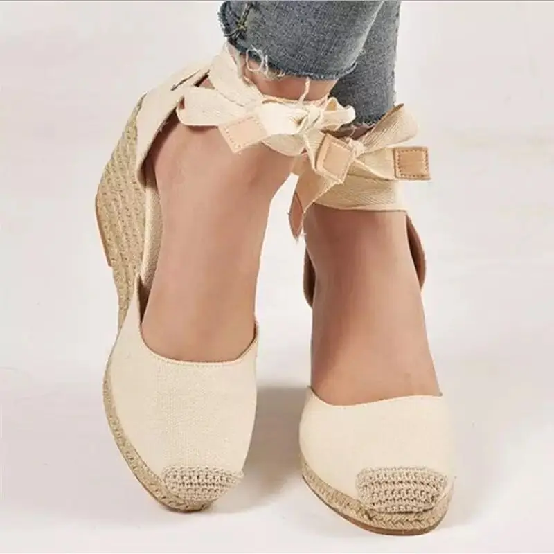 Wedge Espadrille Women - 女性用スパドリーユアンクルストラップサンダル、女性用カジュアルウェッジシューズ、flaxキャンバスポンプ、プラットフォームサンダル、43