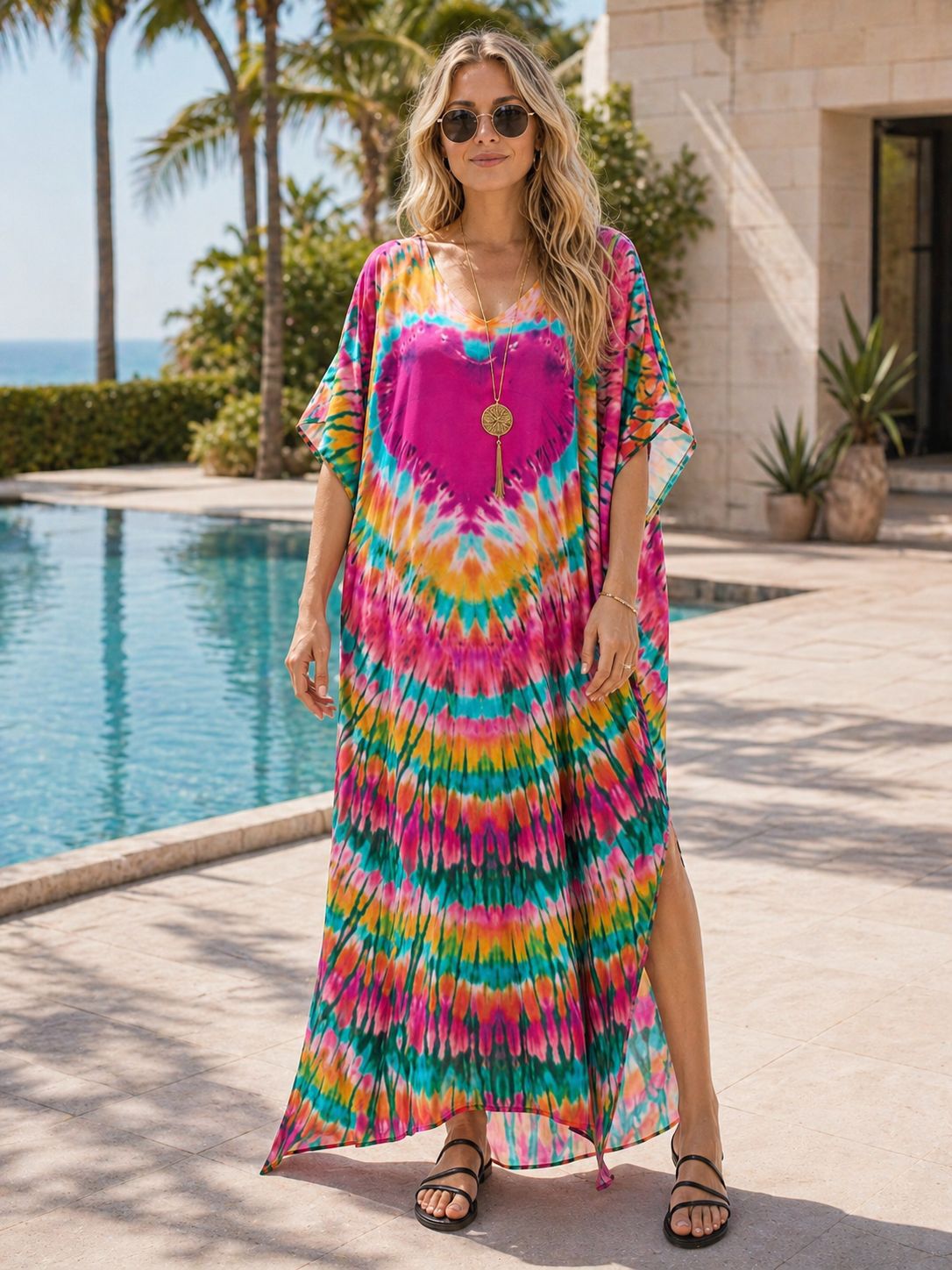 女性用プラスサイズモロッカンプリントVネックバットウィングカ - Cover Up Kaftan のレビューと価格