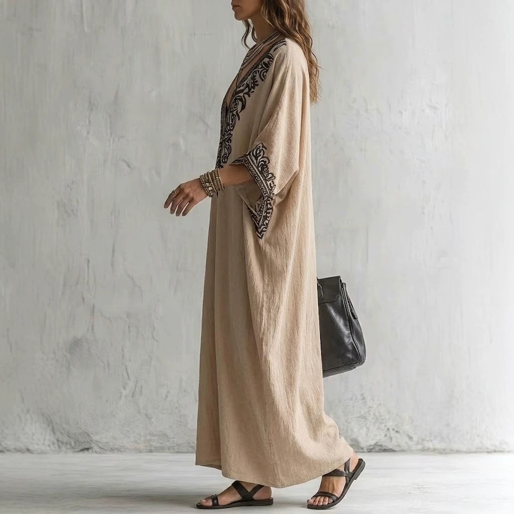 女性用ボヘミアン刺繍カフタンマキシドレス、深いVネック、バッ - Cover Up Kaftan のレビューと価格