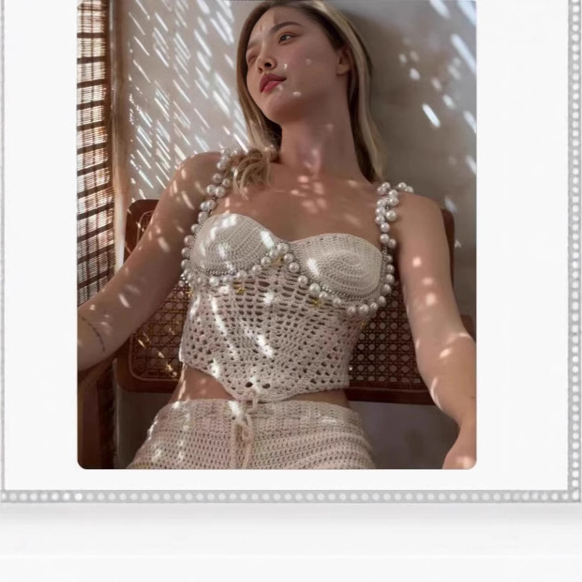 セクシーなビーズ付きクロシェクロップベストショーツセット レ - Crop Top Crochet のレビューと価格