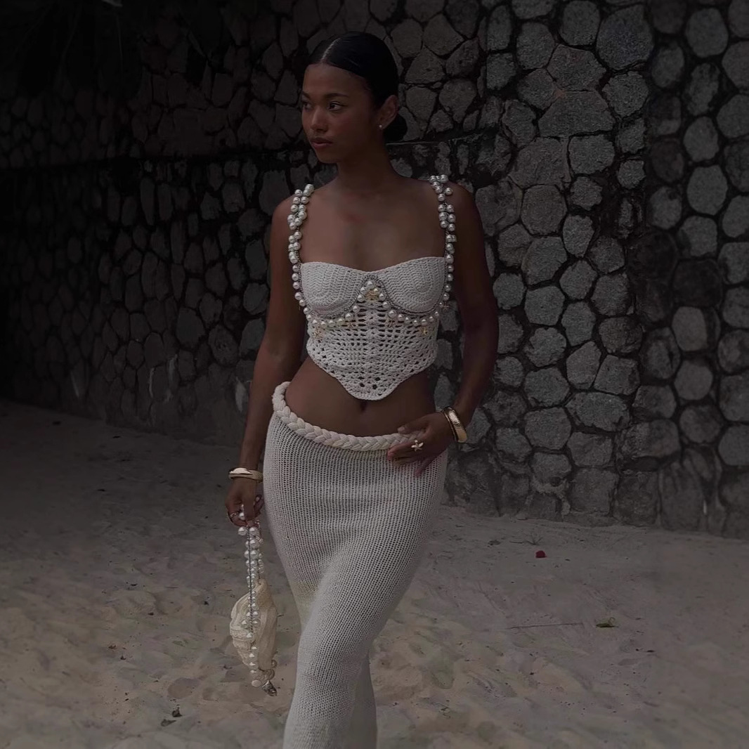 セクシーなビーズ付きクロシェクロップベストショーツセット レ - Crop Top Crochet のレビューと価格