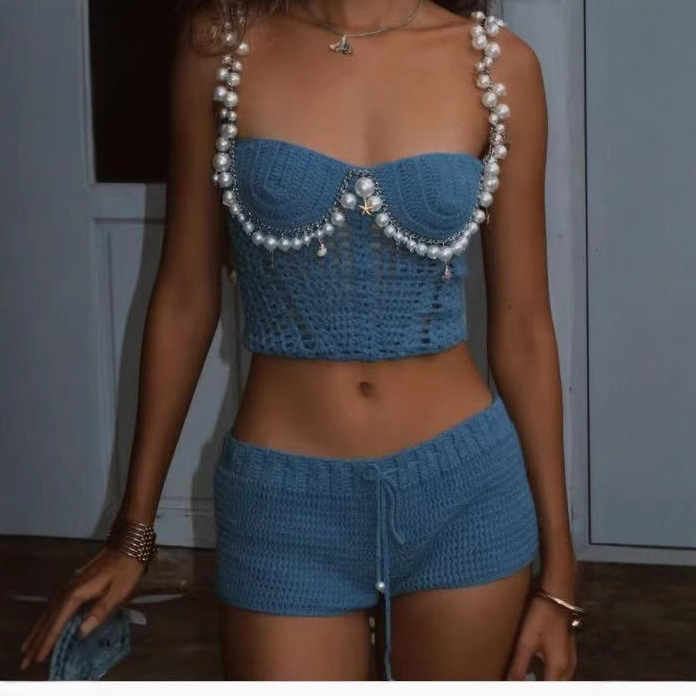 セクシーなビーズ付きクロシェクロップベストショーツセット レ - Crop Top Crochet のレビューと価格