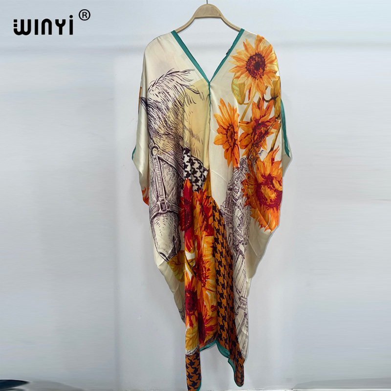Winyi-ボヘミアンスタイルのプリントドレス,女性用,ビー - Cover Up Kaftan のレビューと価格