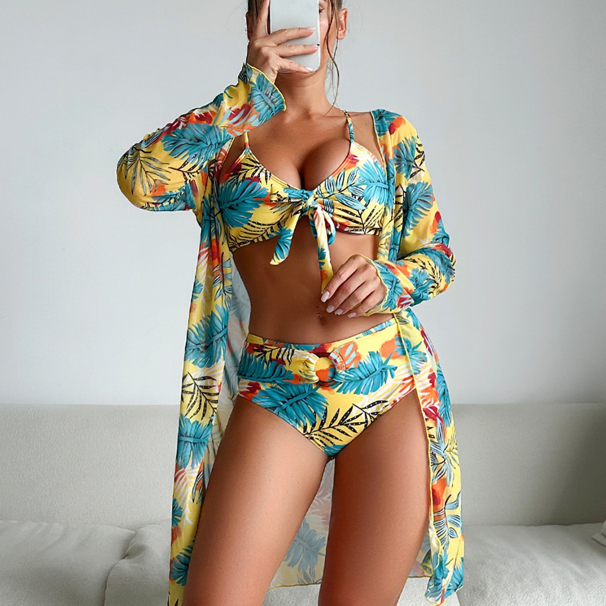女性用3ピース花柄水着 フロントノットビキニトップ ハイウエ - Kimono Sheer Floral のレビューと価格