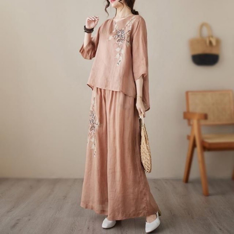 リネンコットンツーピースセット レディース 刺繍トップス ワ - Linen Pant Wide のレビューと価格