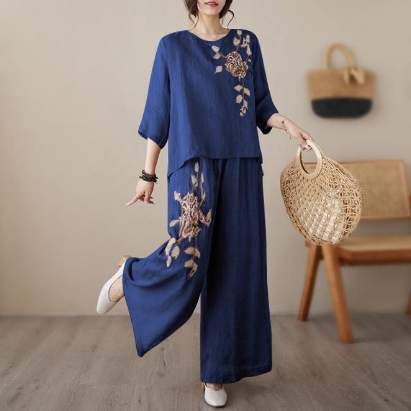 リネンコットンツーピースセット レディース 刺繍トップス ワ - Linen Pant Wide のレビューと価格