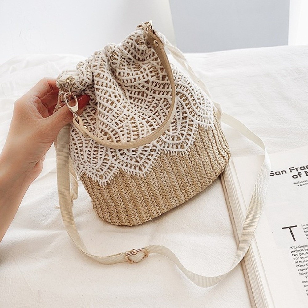 ポータブルレースストローショルダーバッグボヘミアンフラワーウ - Tote Bag Beach のレビューと価格